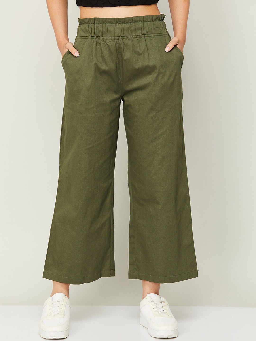 

Colour Me by Melange Women Olive Green Pleated Cotton Trousers