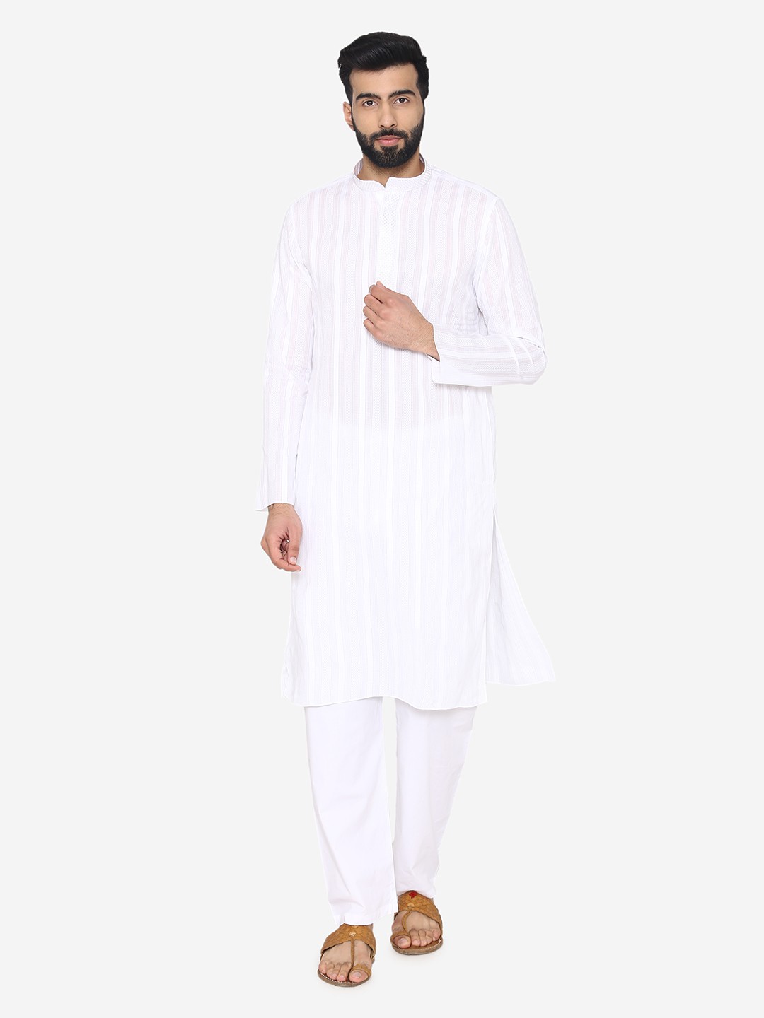 

Manyavar Men White Self Striped Kurta with Pyjamas