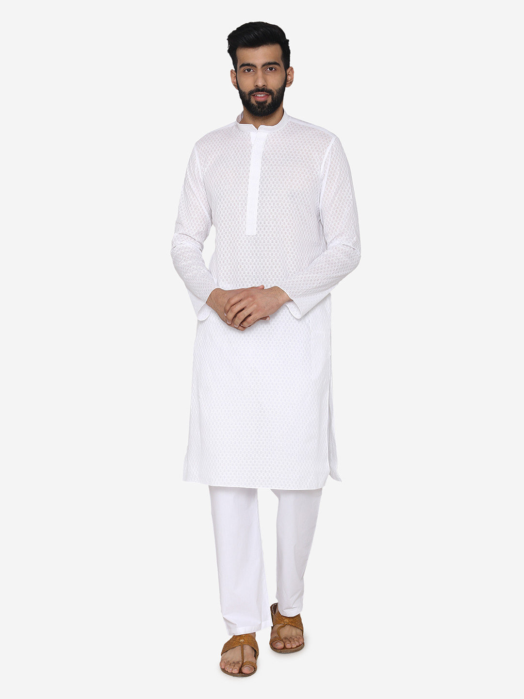 

Manyavar Men White Self Design Kurta with Pyjamas