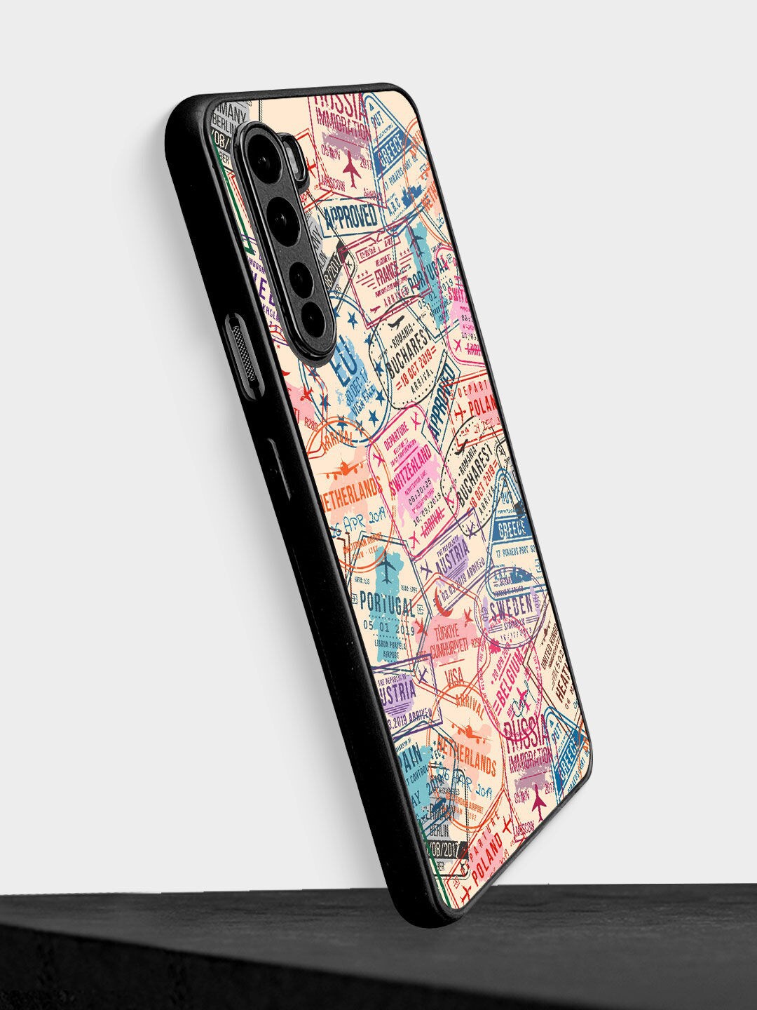 

macmerise Beige Printed Immigration Stamps OnePlus Nord Bumper Case