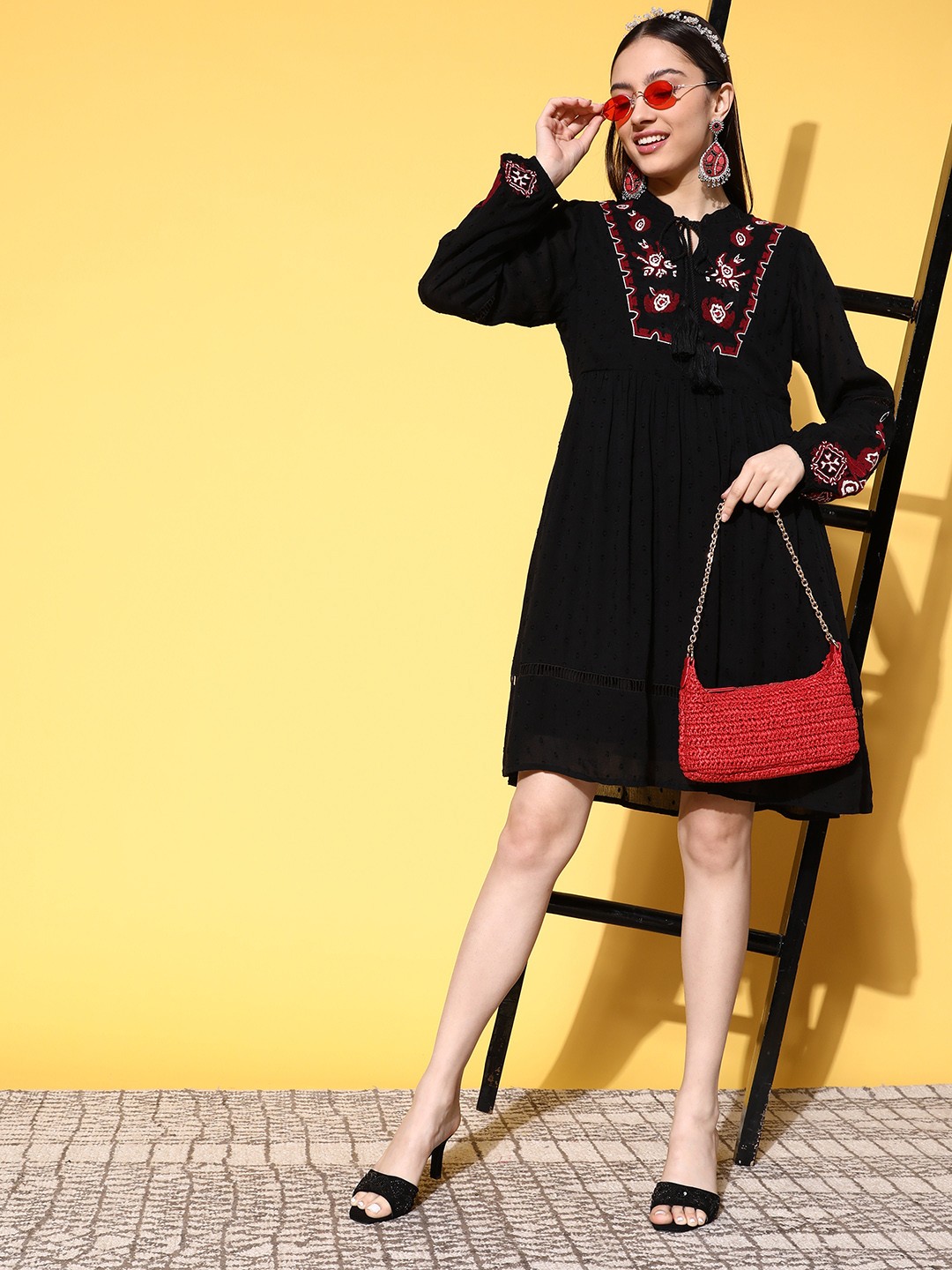 

Ishin Floral Embroidered Tie-Up Neck A-Line Dress, Black