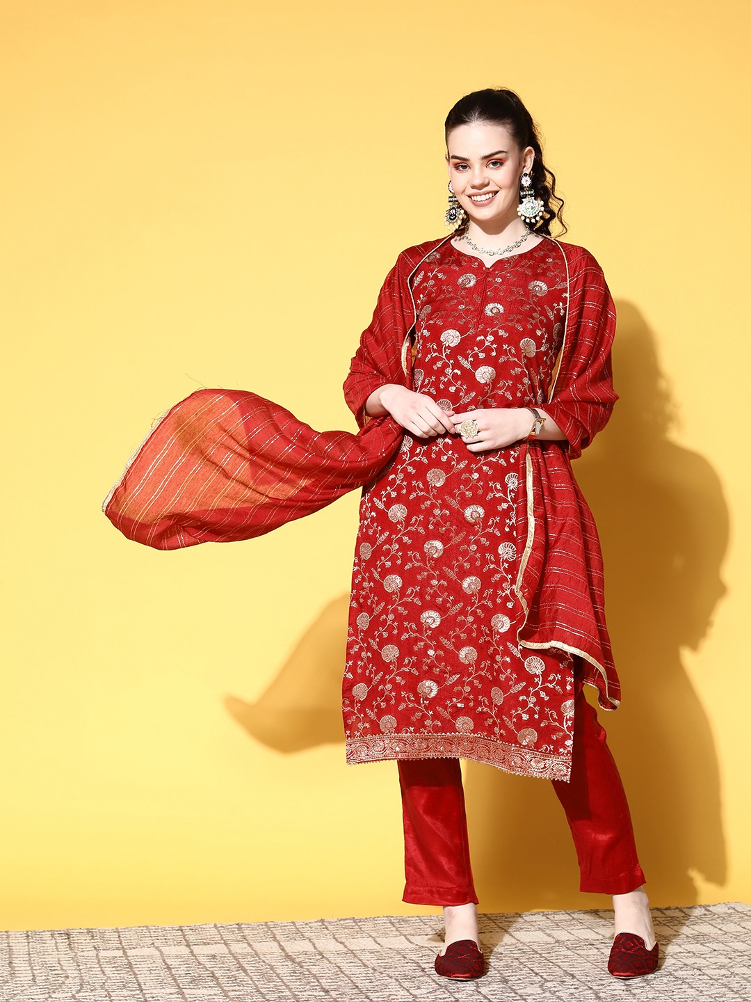 

Ishin Women Red Woven Design Kurta With Trousers & With Dupatta