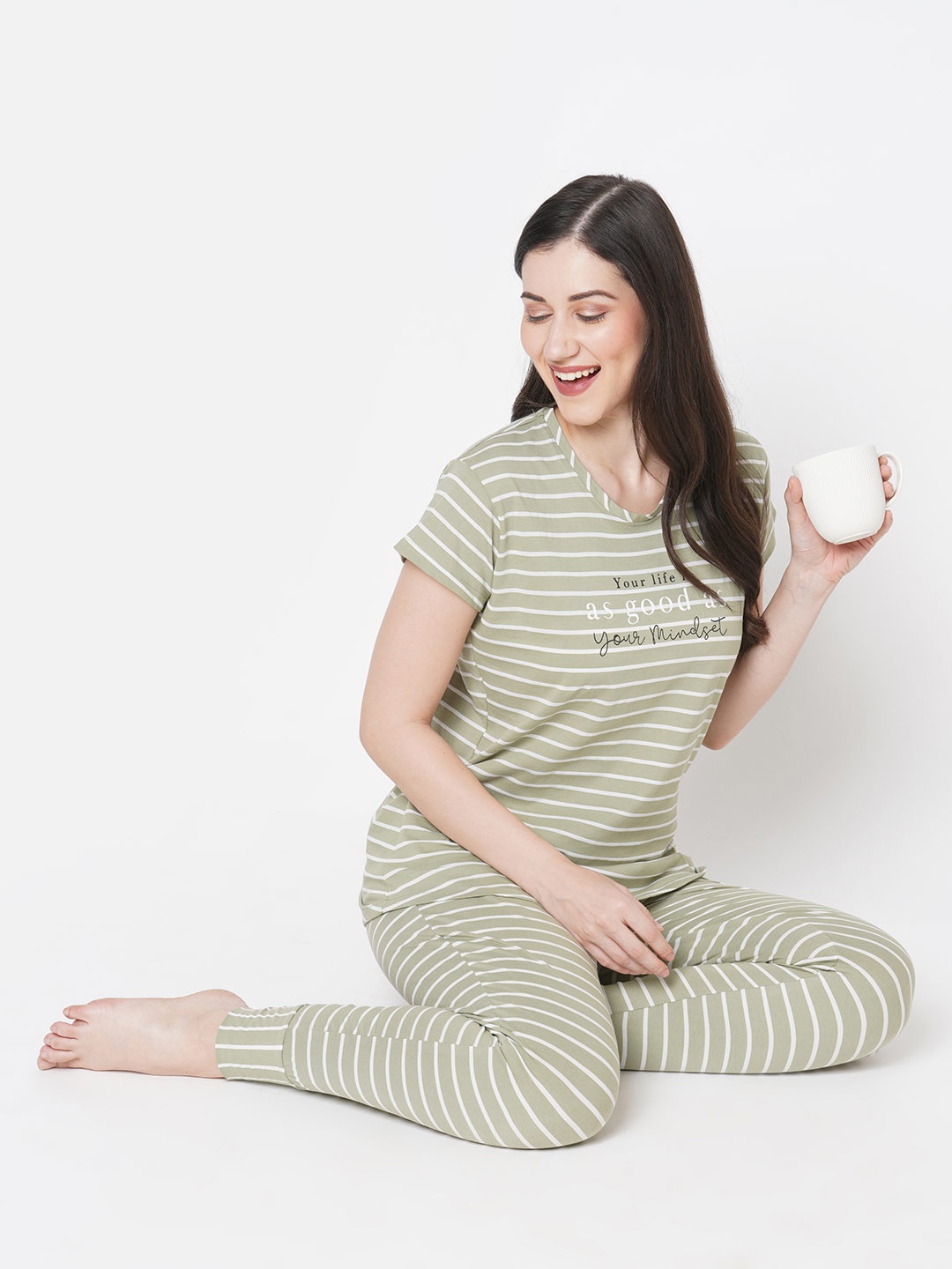 

Sweet Dreams Women Green & White Striped Cotton Night suit