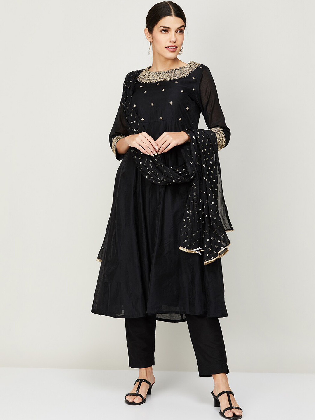 

Melange by Lifestyle Women Black Embroidered Beads and Stones Kurta with Trouser & Dupatta