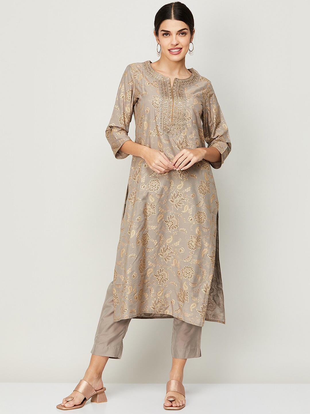 

Melange by Lifestyle Women Beige Floral Printed Kurta with Trouser & Dupatta