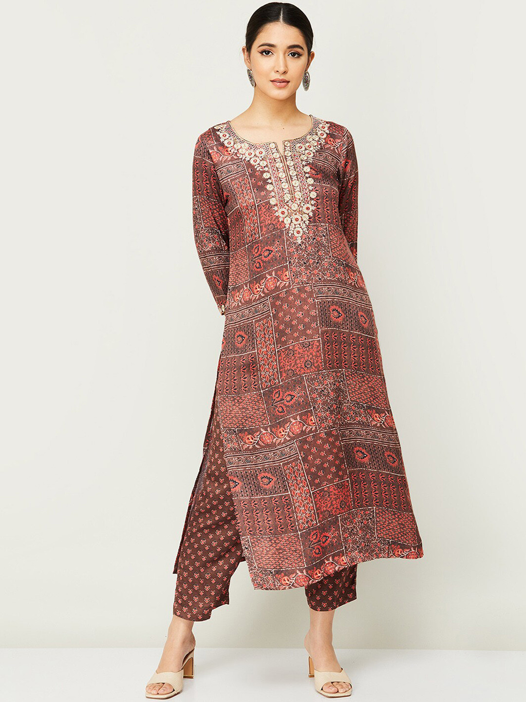 

Melange by Lifestyle Women Brown Ethnic Motifs Printed Kurta with Pyjama