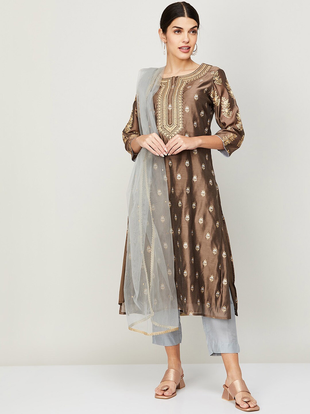 

Melange by Lifestyle Women Brown Ethnic Motifs Embroidered Kurta with Trouser & Dupatta