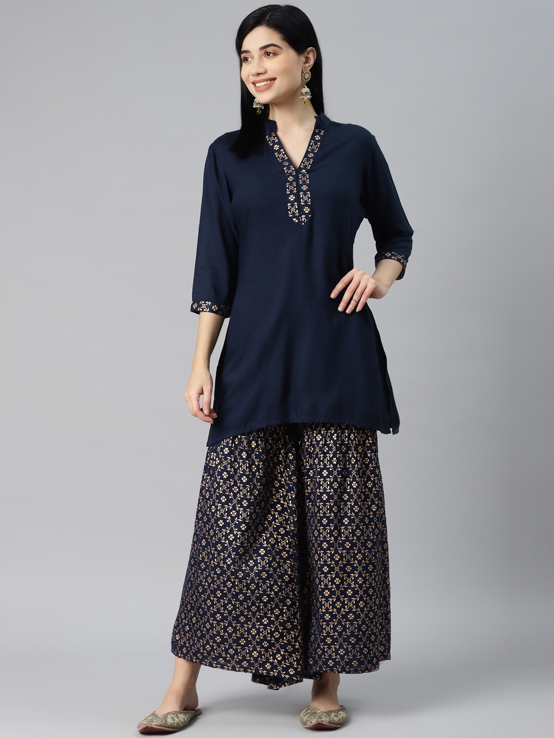 

MBE Women Navy Blue & Golden Ethnic Motifs Kurta with Sharara