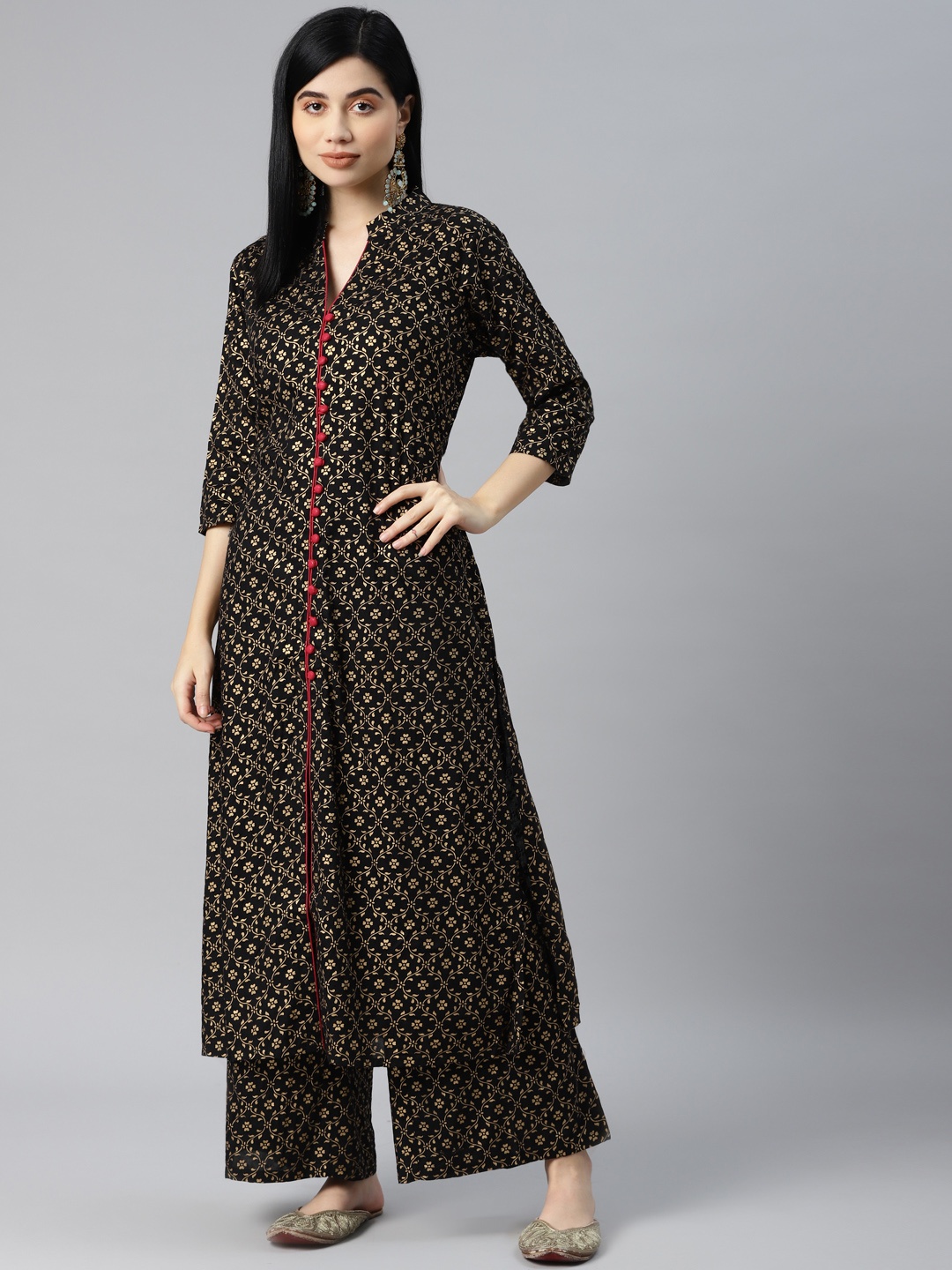 

MBE Women Black & Golden Ethnic Motifs Printed Kurta with Palazzos