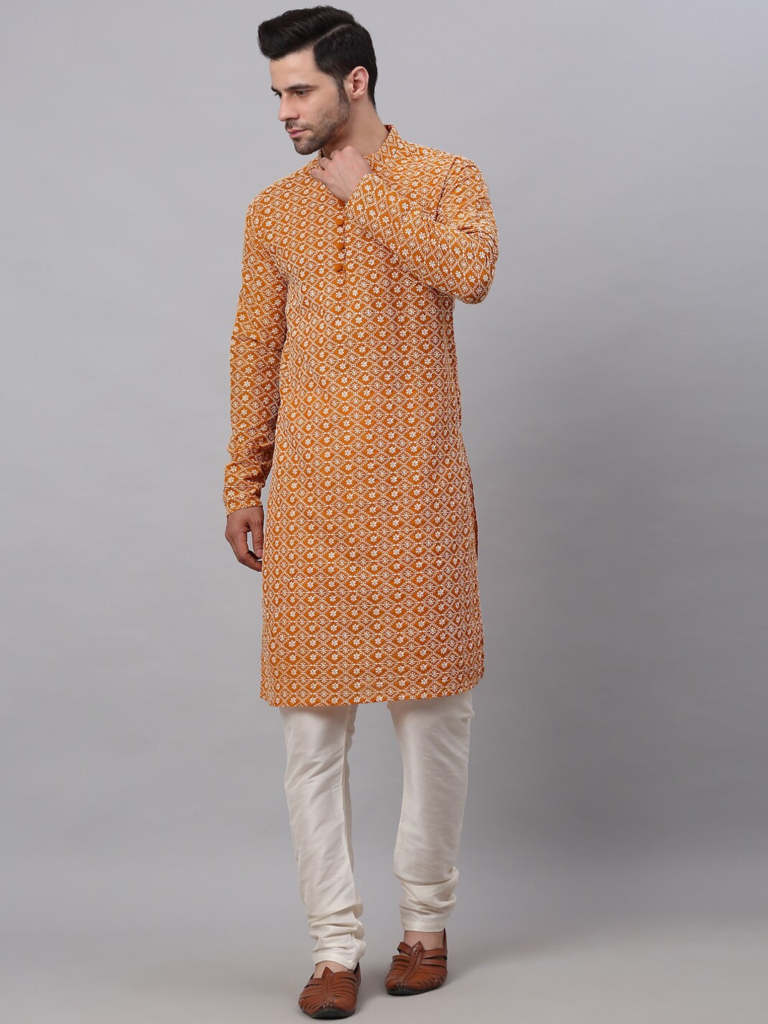 

Jompers Men Mustard Yellow Floral Embroidered Pure Cotton Kurta with Churidar