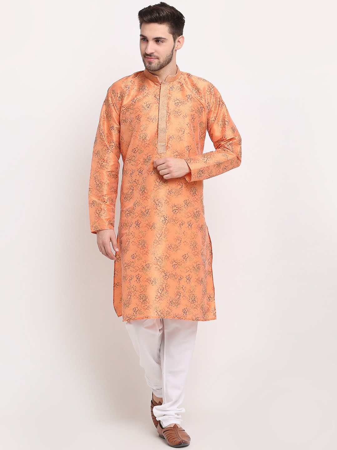 

Jompers Men Orange & White Floral Printed Dupion Silk Kurta with Churidar