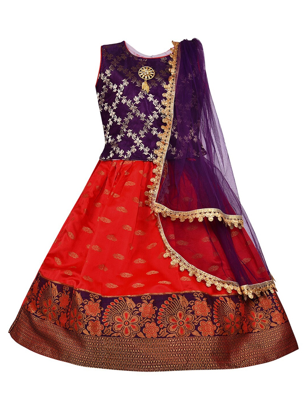 

Wish Karo Girls Red & Silver-Toned Ready to Wear Lehenga & Blouse With Dupatta