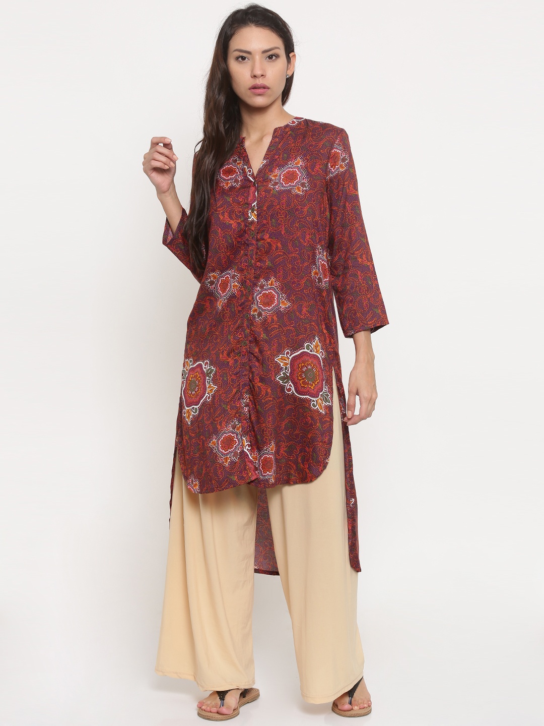 

Global Desi Women Rust & Purple Printed A-Line Kurta