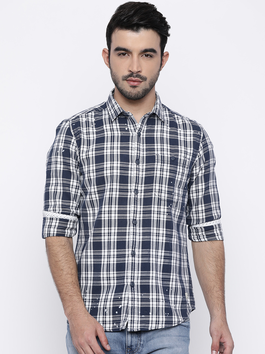 

Ed Hardy Men Navy Blue & White Regular Fit Checked Casual Shirt