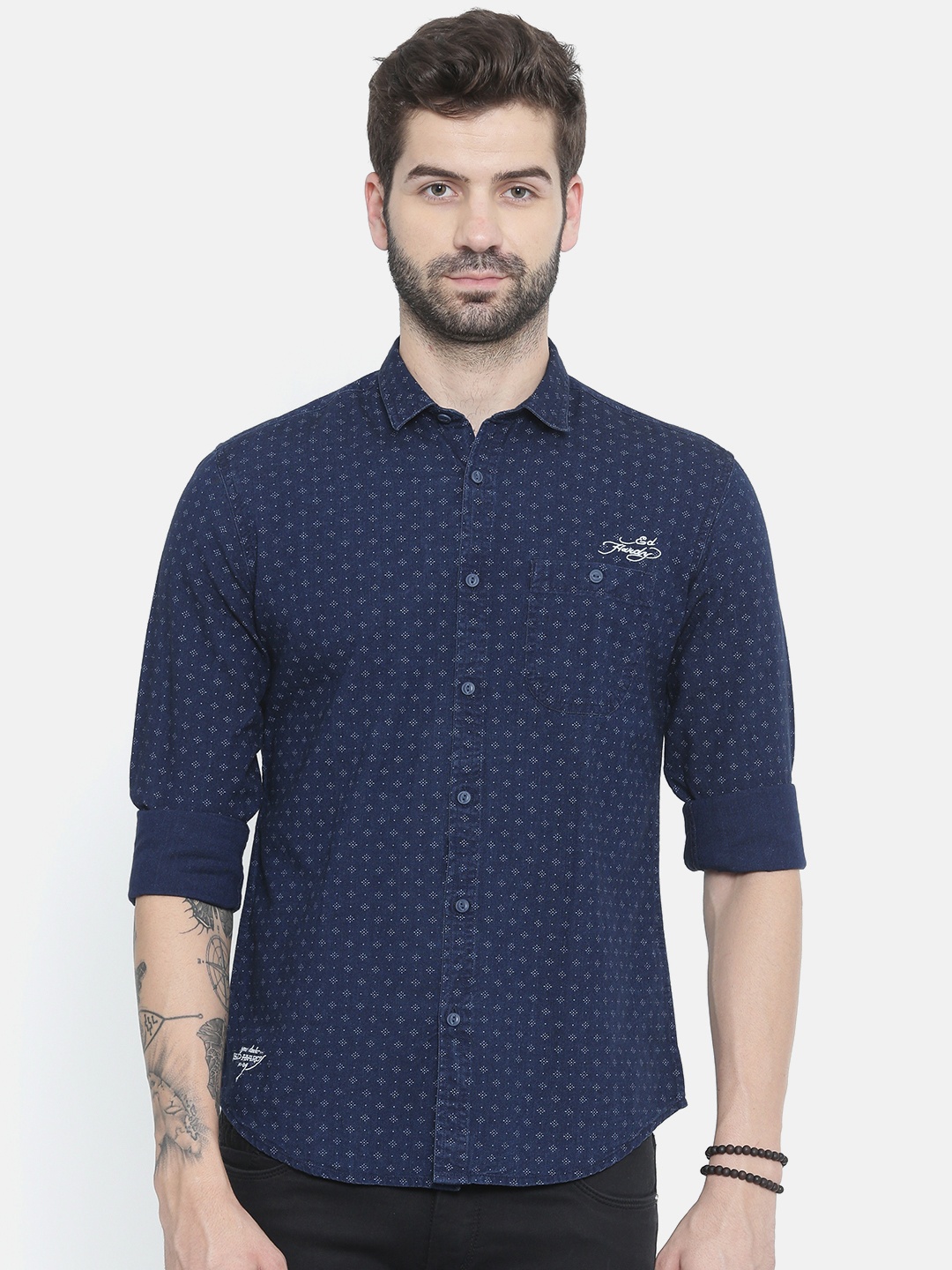 

Ed Hardy Men Navy Regular Fit Printed Casual Shirt, Navy blue