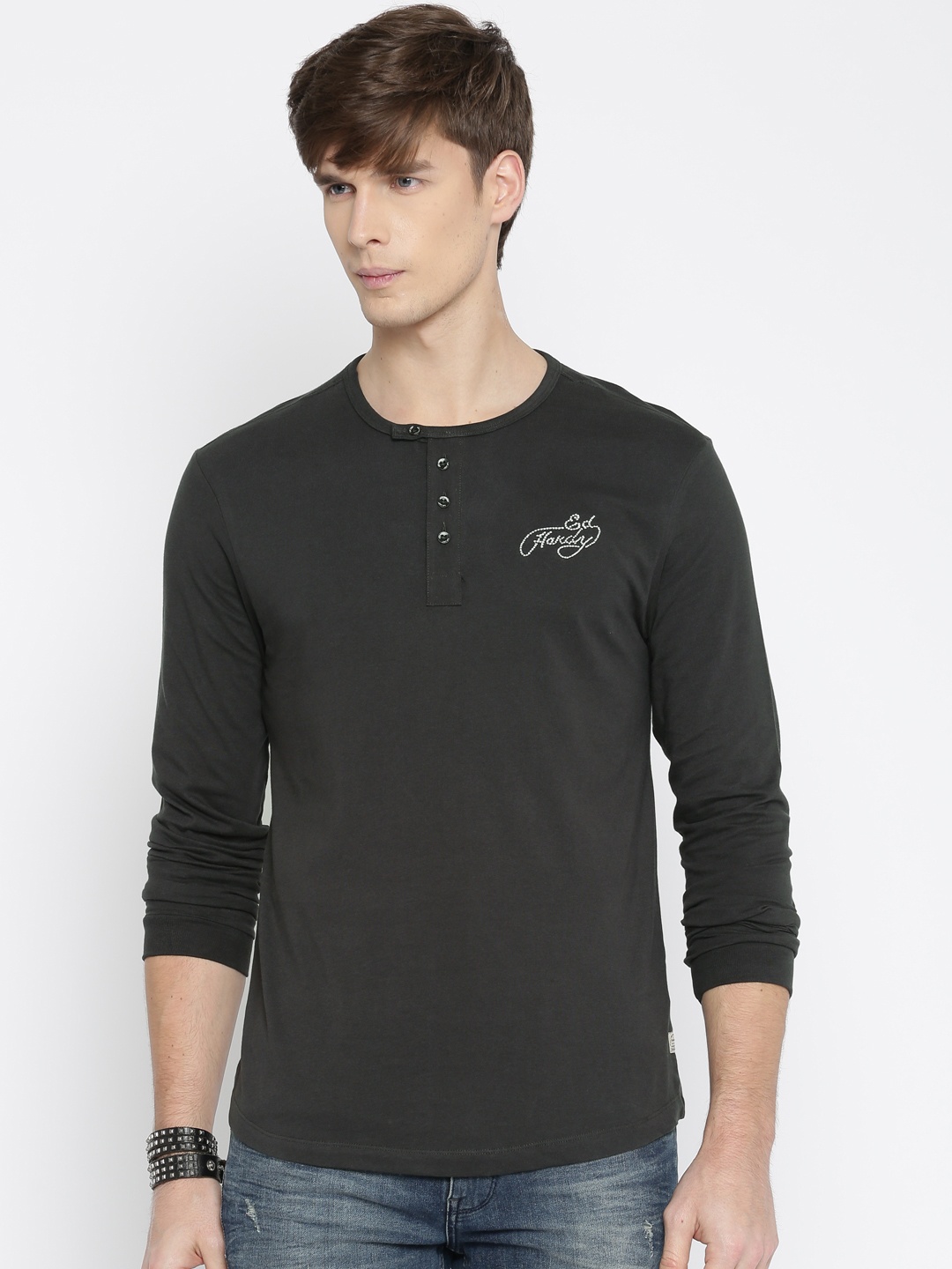 

Ed Hardy Men Charcoal Grey Solid Henley T-shirt