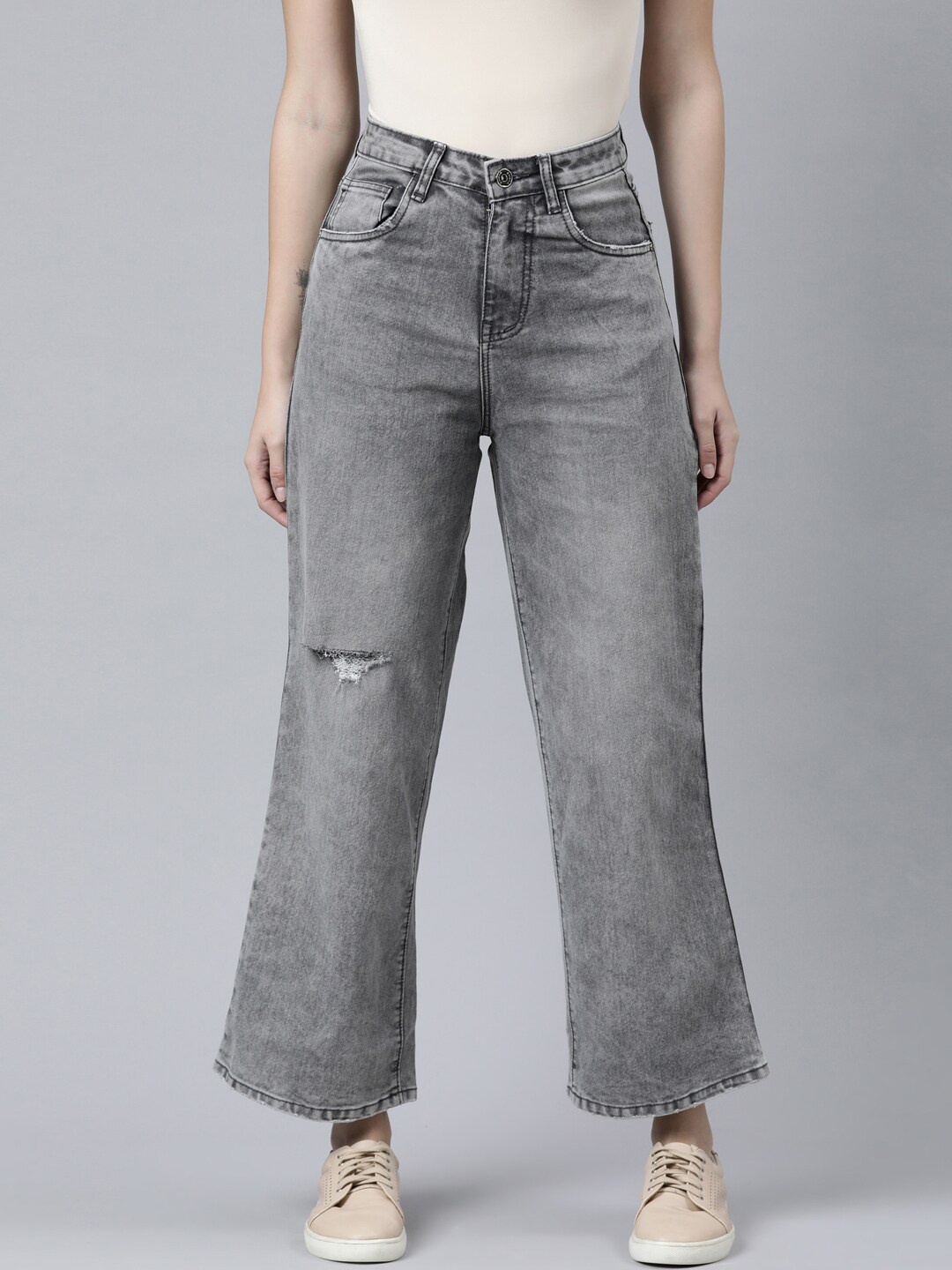 

ZHEIA Women Grey Slash Knee Heavy Fade Wide Leg Jeans