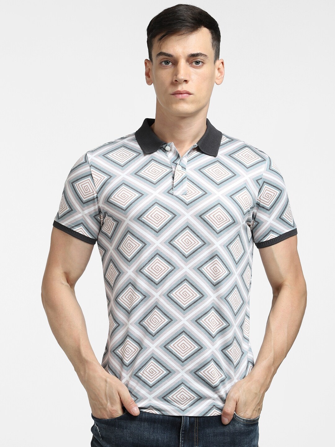 

Jack & Jones Men White Printed Polo Collar Slim Fit T-shirt