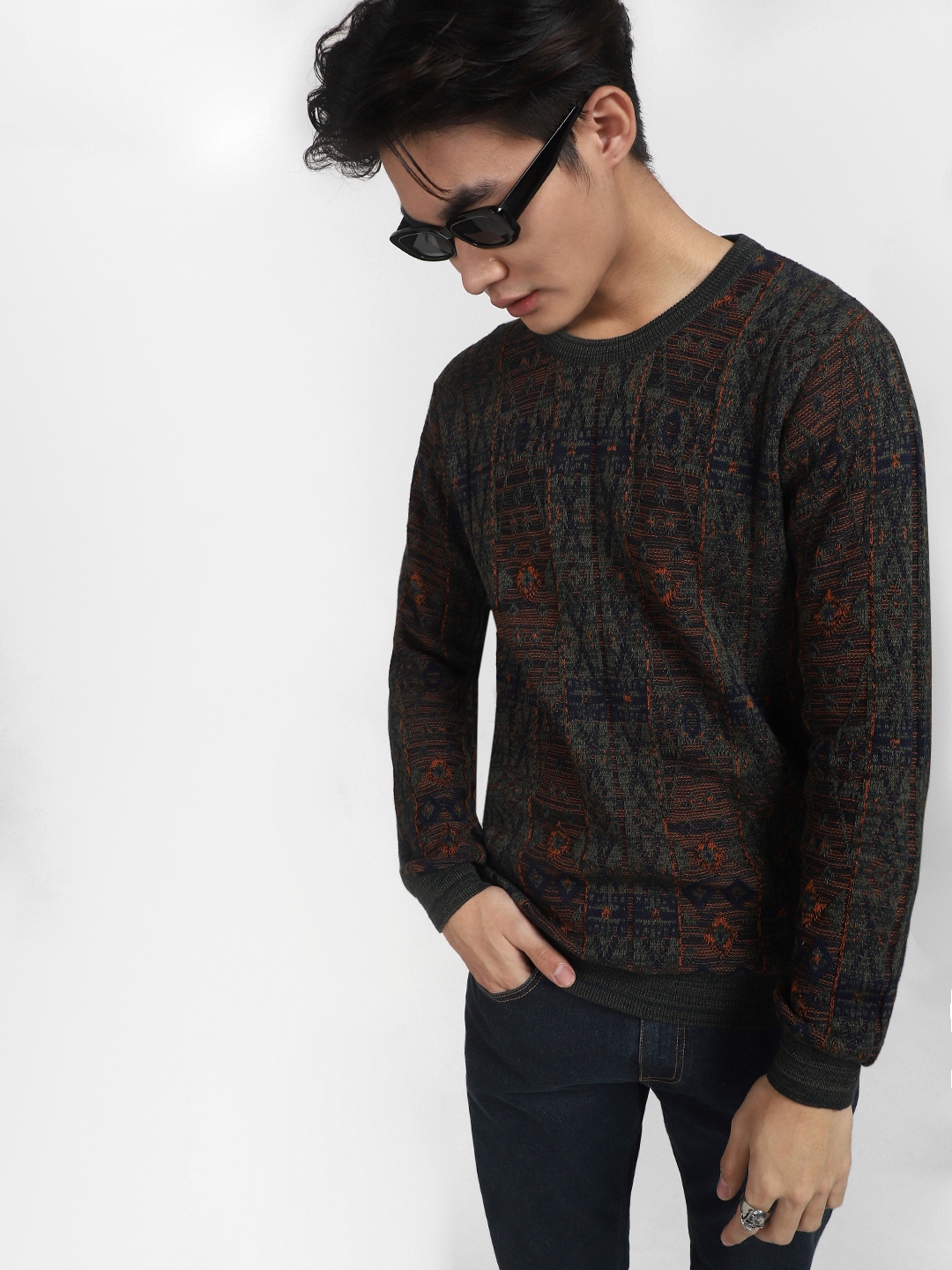 

Jack & Jones Men Green & Orange Printed Abstract Pullover