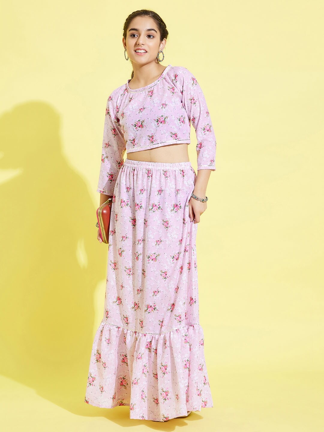 

VASTRAMAY Girls Pink & Green Printed Cotton Ready to Wear Lehenga Set