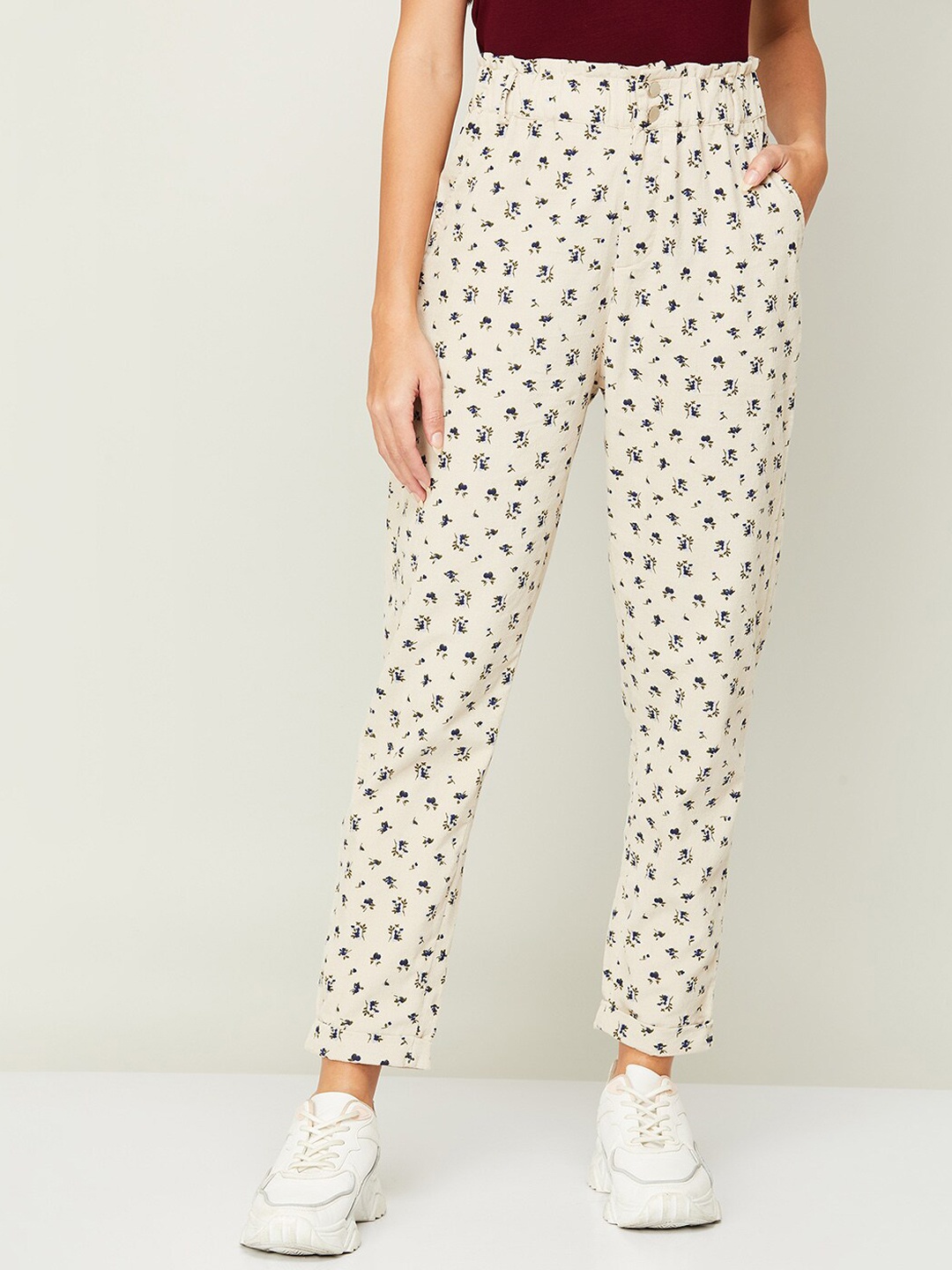 

Ginger by Lifestyle Women Beige & Navy Blue Floral Printed High-Rise Trouser