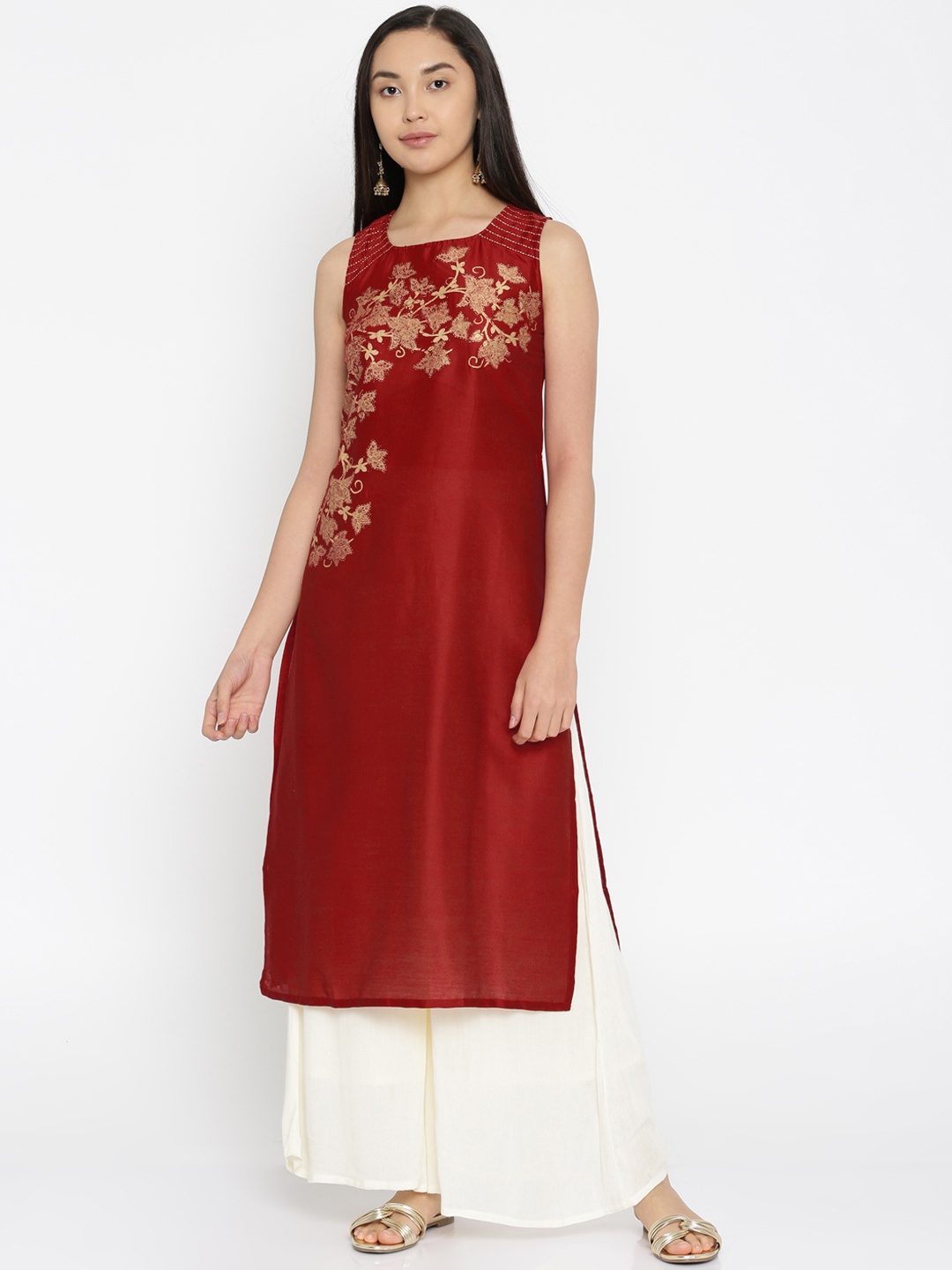 

Global Desi Women Rust & Golden Yoke Design Straight Kurta