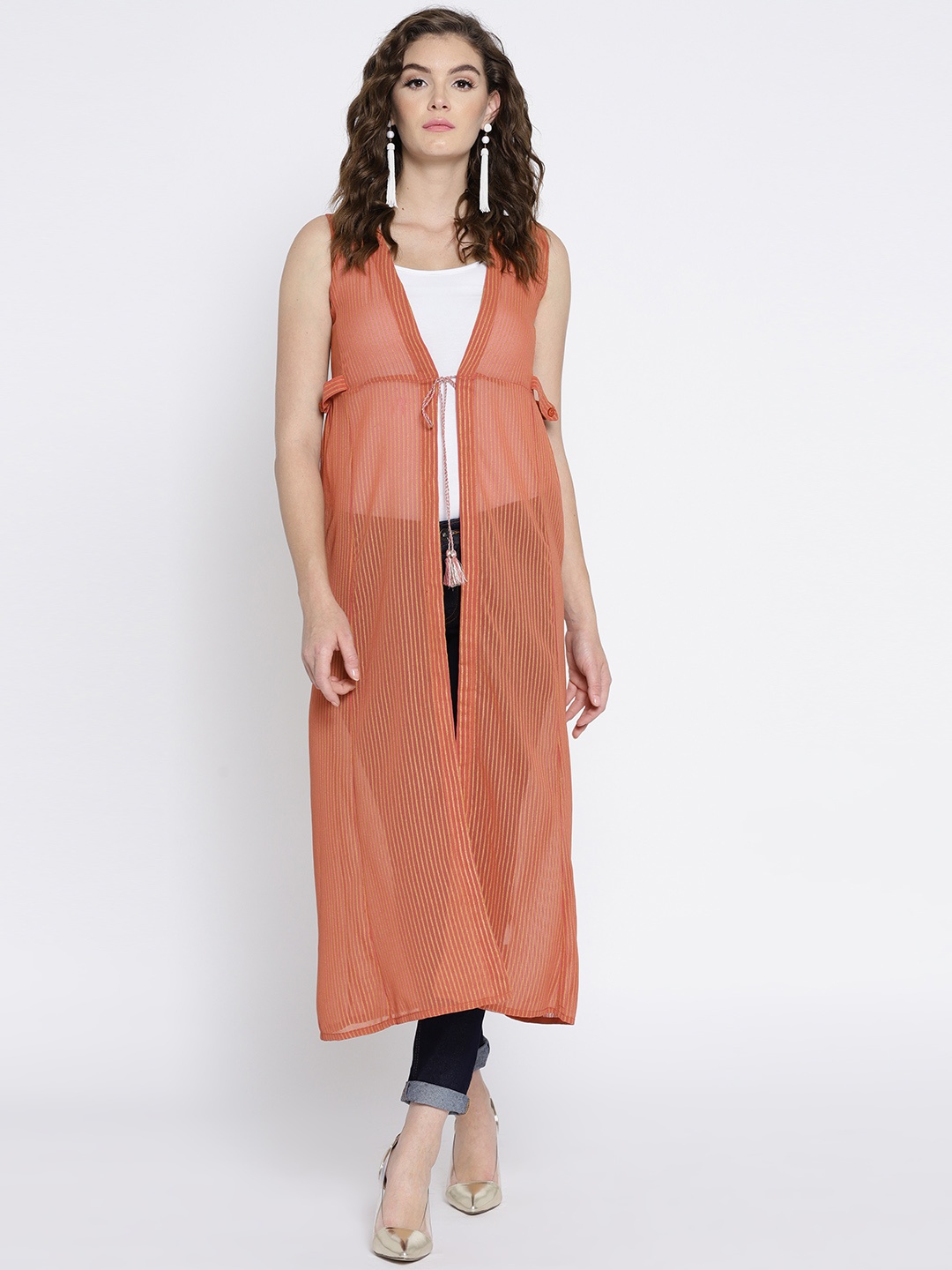 

Global Desi Peach & Gold-Toned Striped Shrug