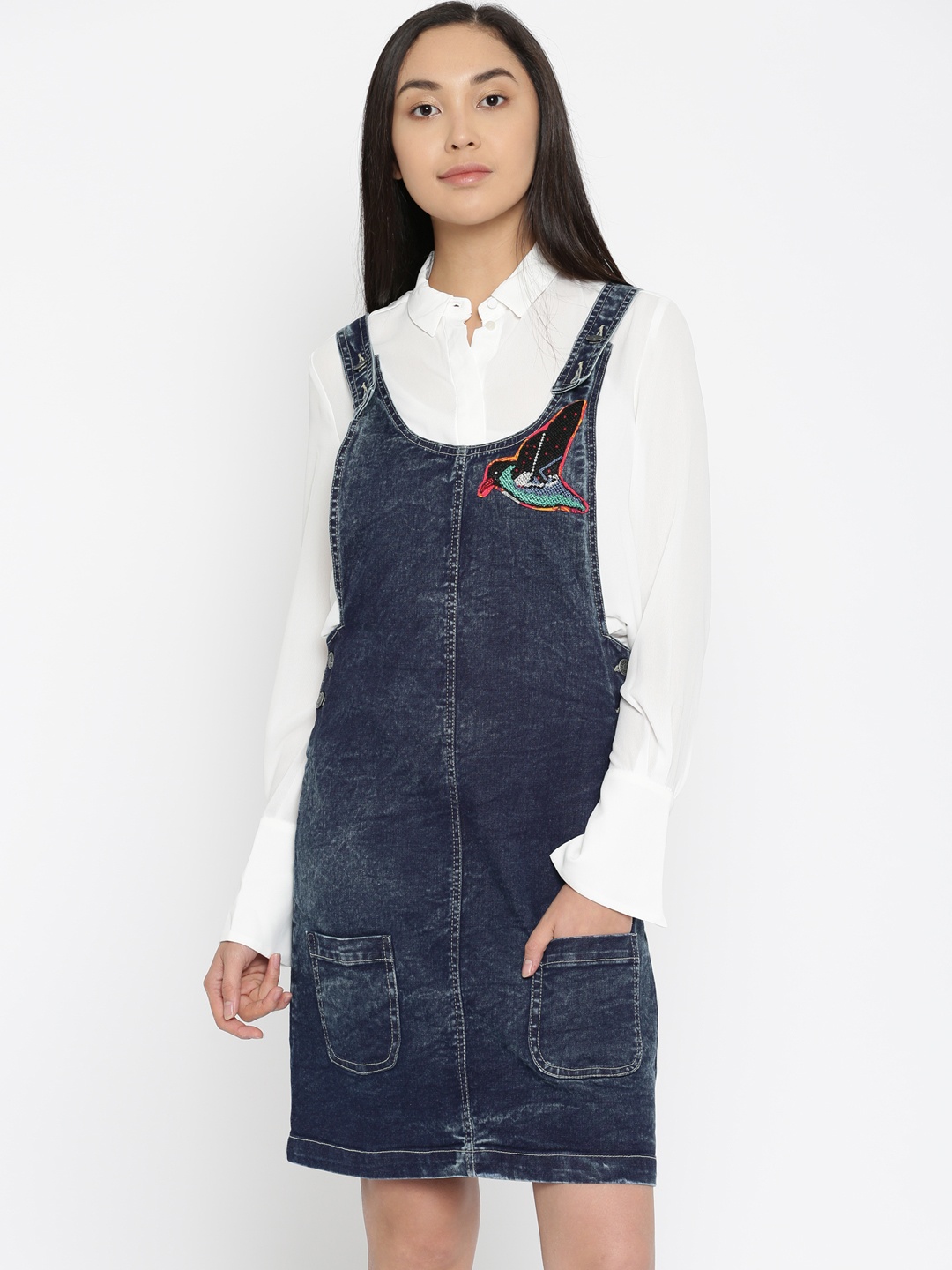 

Global Desi Women Blue Solid Pinafore Denim Dress