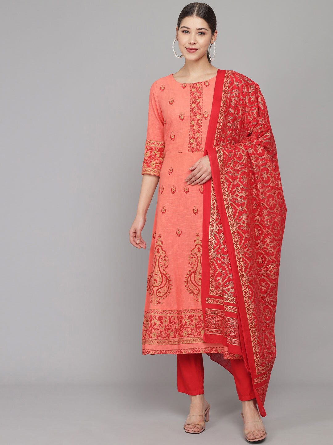 

BUTA BUTI Women Peach-Coloured & Red Ethnic Motifs Printed Cotton Kurta