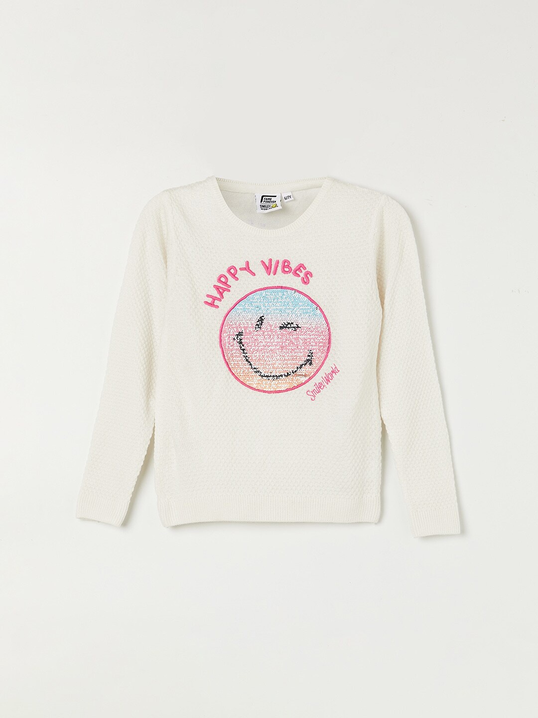 

Fame Forever by Lifestyle Girls Smiley Acrylic Pullover Sweater, Off white