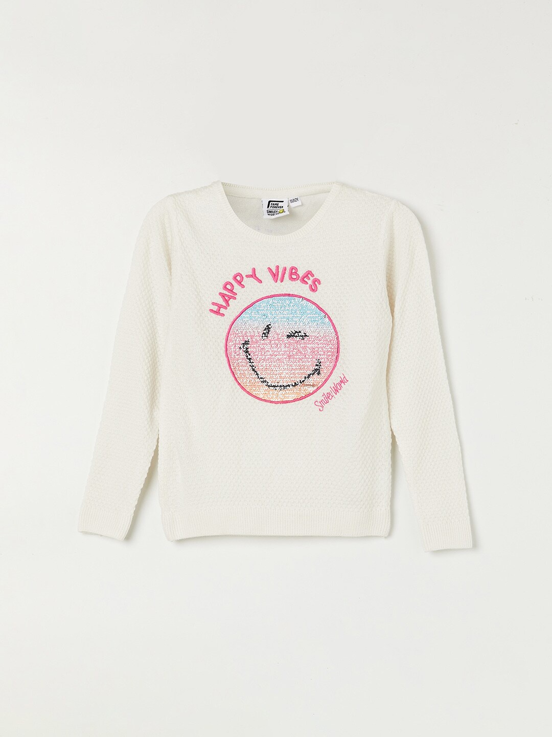 

Fame Forever by Lifestyle Girls Off Smiley Embroidered Pullover Sweater, Off white