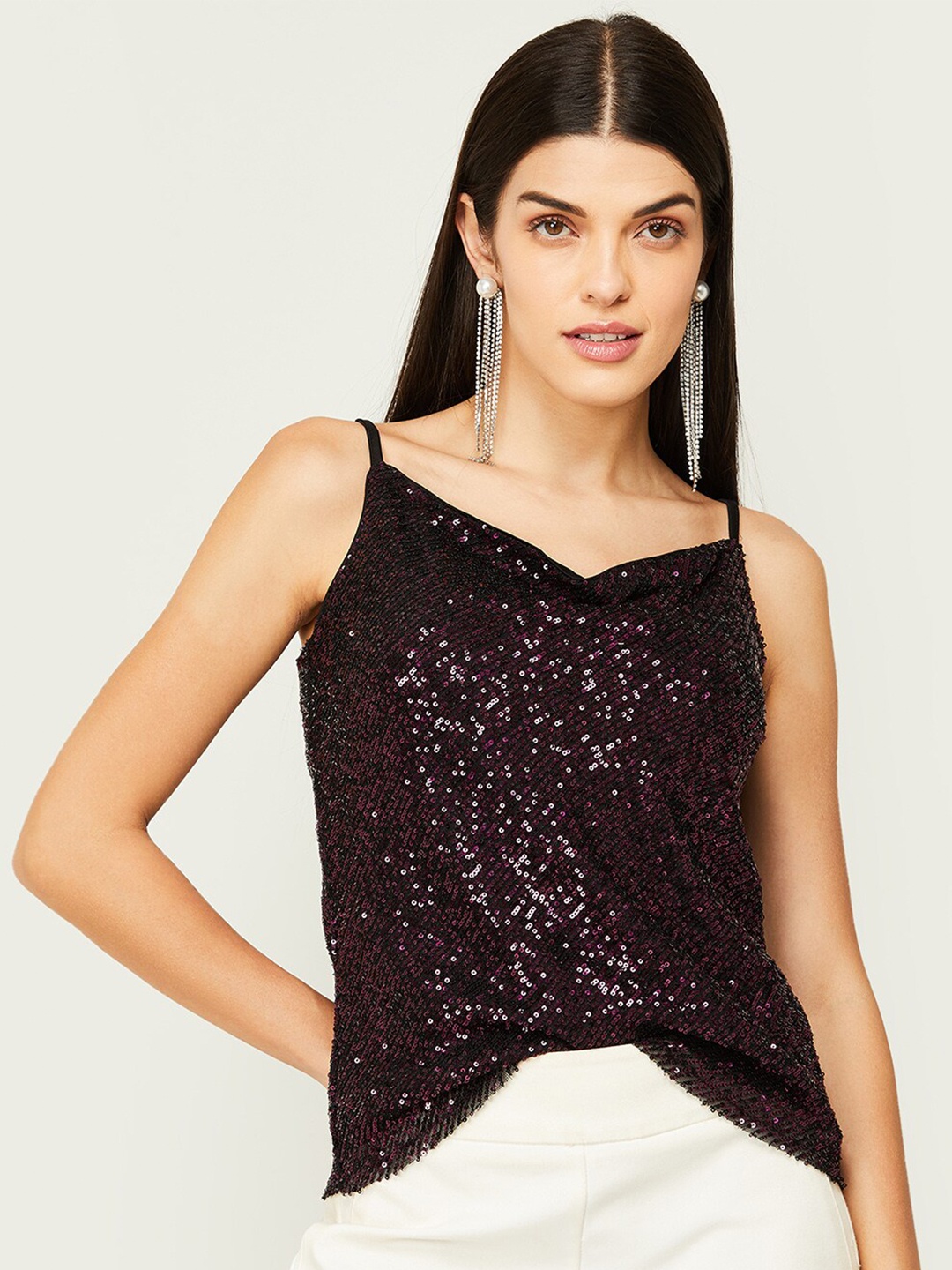 

CODE by Lifestyle Women Purple & Black Embellished Shoulder Straps Top