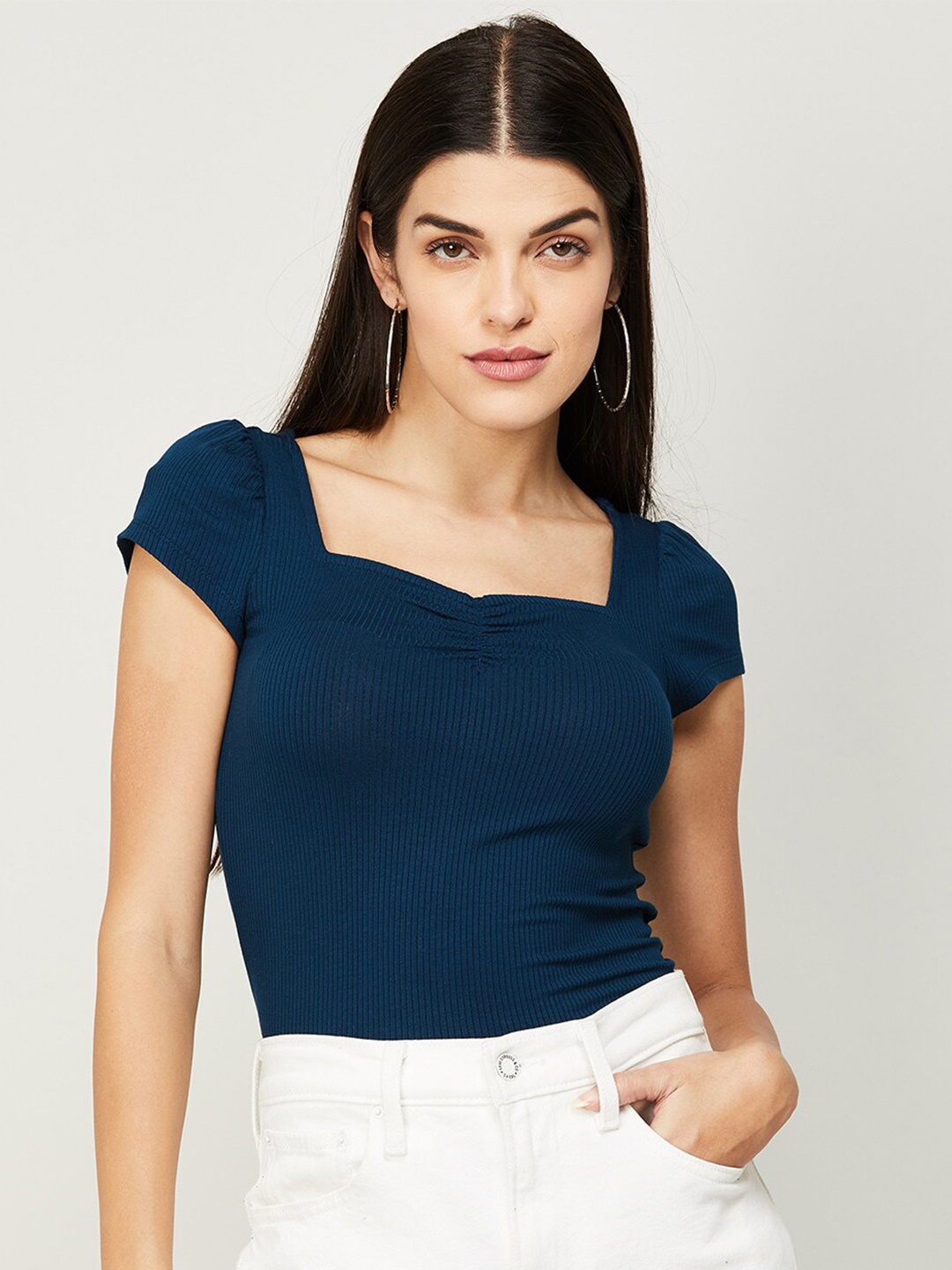 

CODE by Lifestyle Women Teal Solid Sweetheart Neck Fitted Top