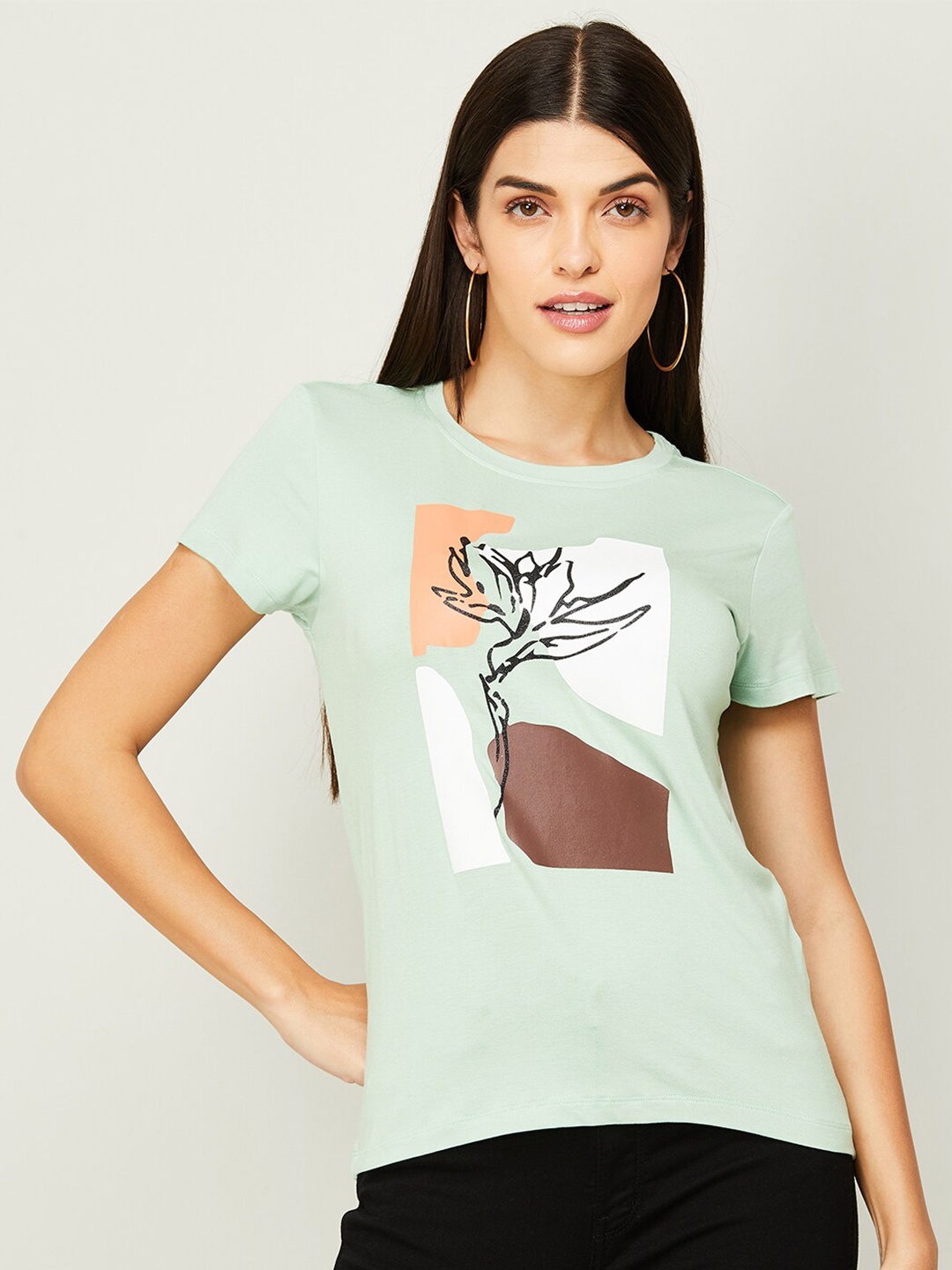 

Fame Forever by Lifestyle Women Sea Green & White Printed Regular Fit T-shirt