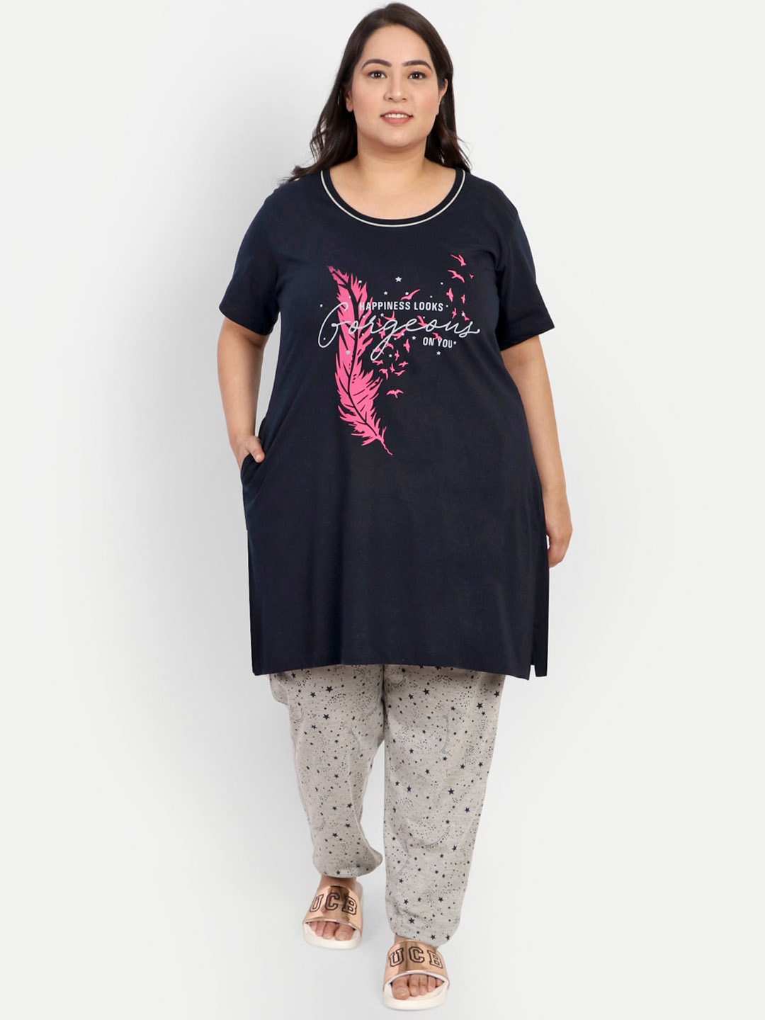 

CUPID Women Plus Size Printed Night Suit, Navy blue