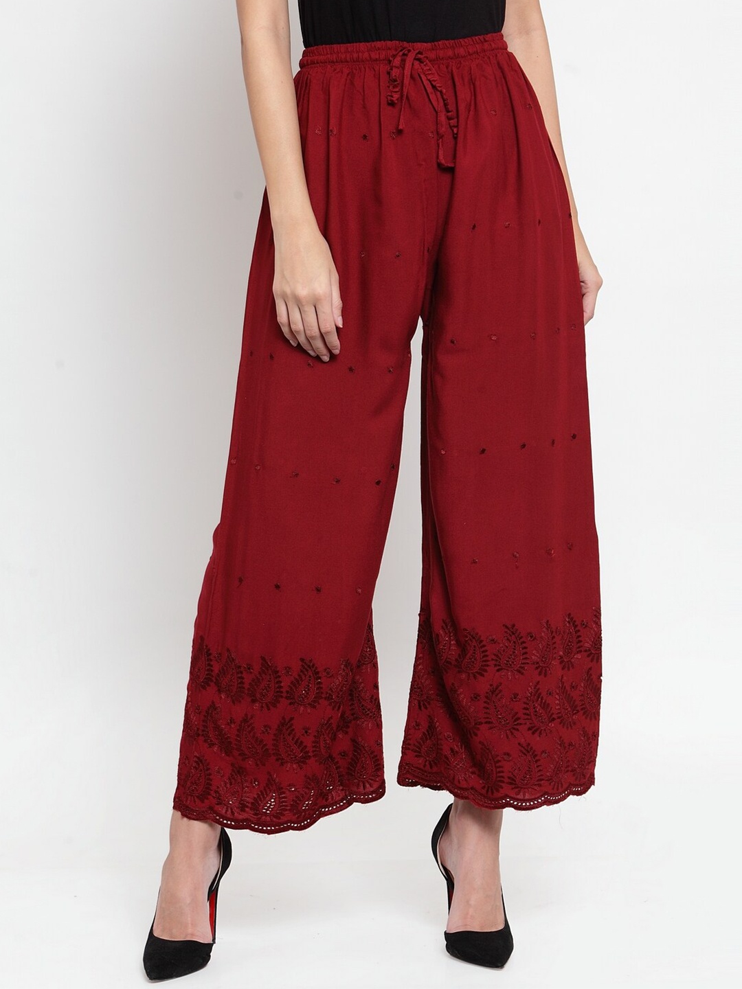 

Clora Creation Women Maroon Embroidered Chikankari Flared Palazzo