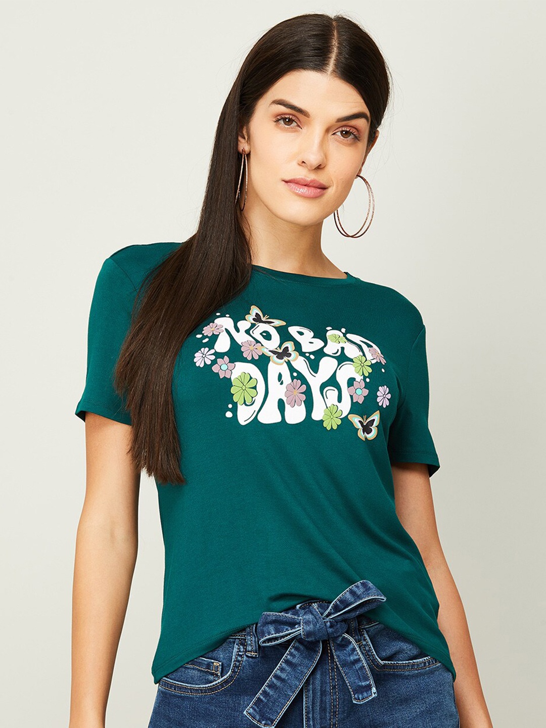 

Ginger by Lifestyle Women Green Typography Printed T-shirt