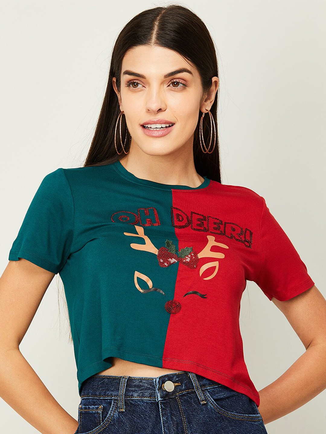

Ginger by Lifestyle Women Red & Teal Printed T-shirt