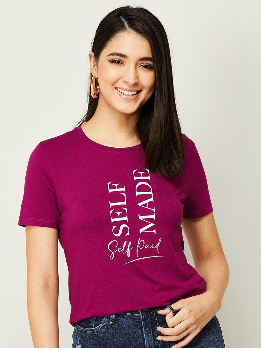 

Ginger by Lifestyle Women Pink Typography Printed T-shirt