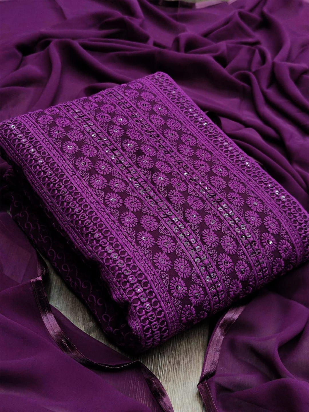 

MORLY Purple & Silver-Toned Embroidered Unstitched Dress Material