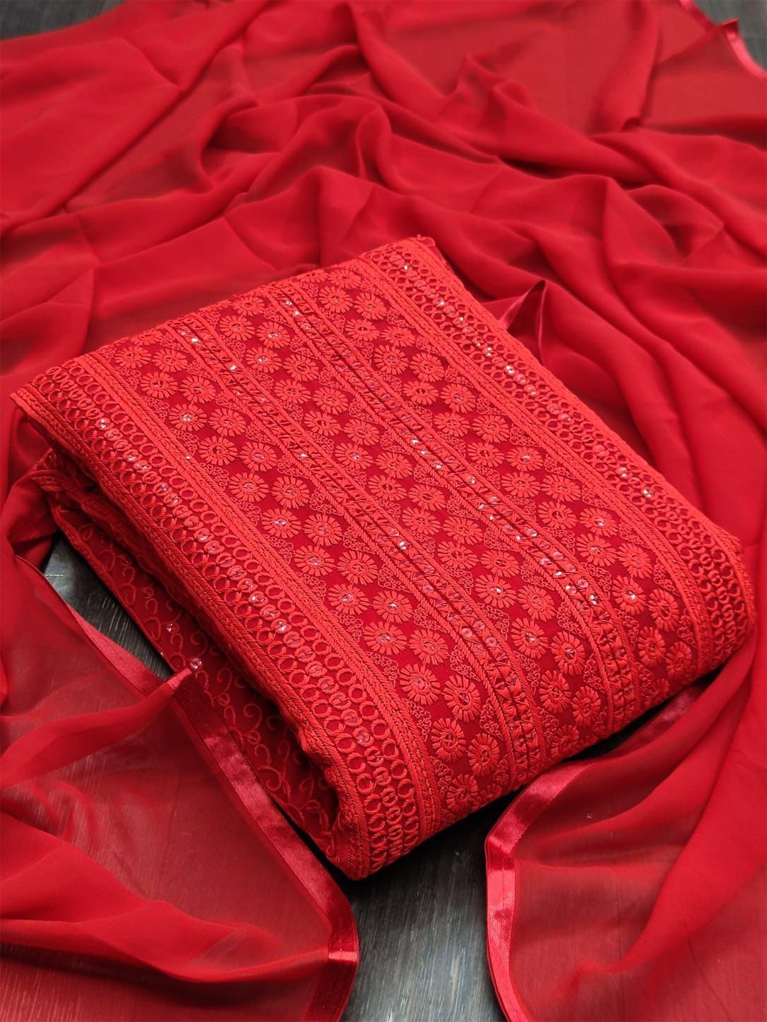 

MORLY Red Embroidered Unstitched Dress Material