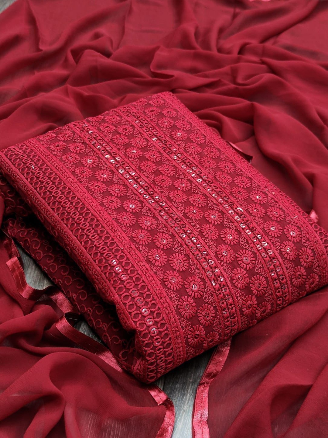 

MORLY Maroon Embroidered Unstitched Dress Material