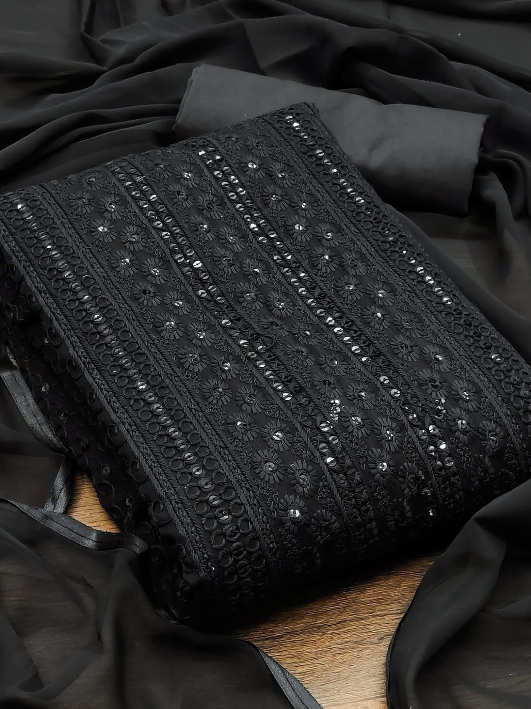 

MORLY Black & Silver-Toned Embroidered Unstitched Dress Material