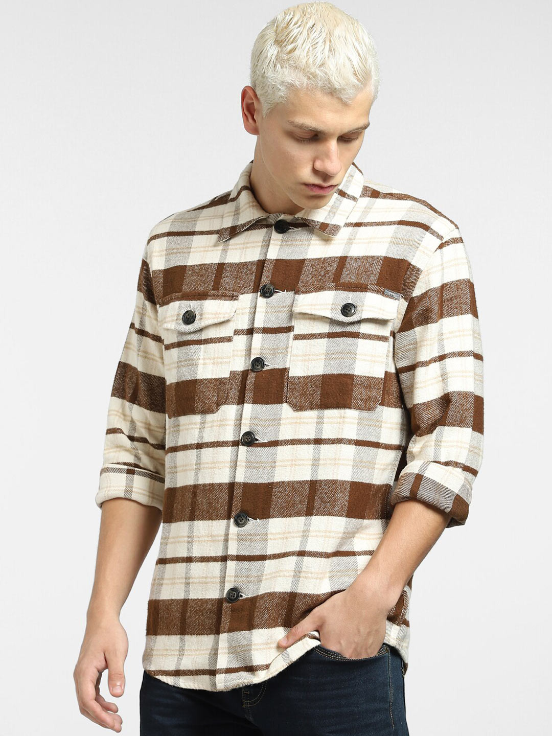 

Jack & Jones Men Printed Horizontal Striped Cotton Casual Shirt, Brown
