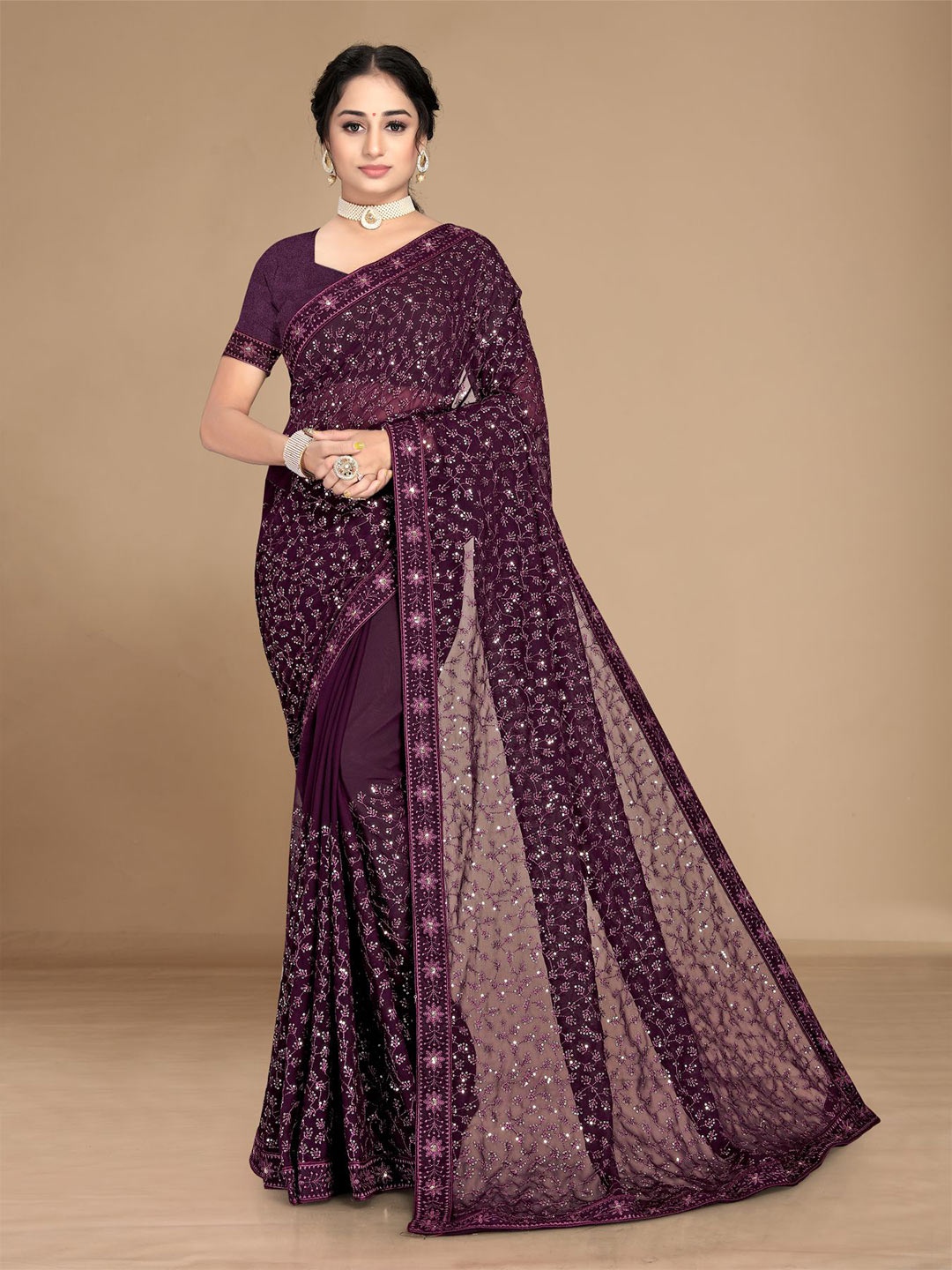 

HERE&NOW Purple Floral Embroidered Saree