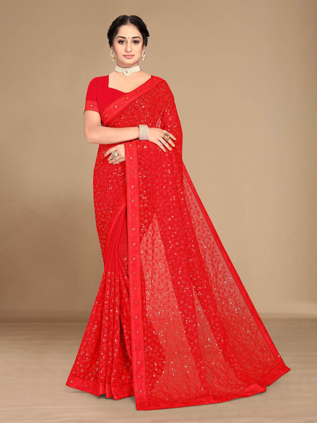

HERE&NOW Red Floral Embroidered Saree