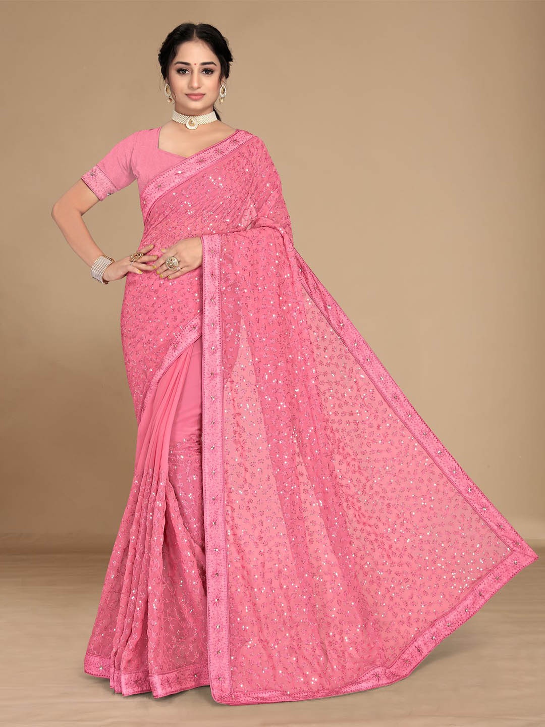 

HERE&NOW Pink Floral Embroidered Saree