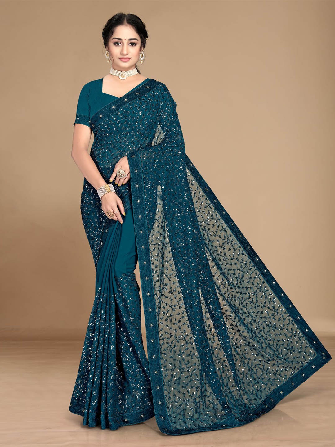 

HERE&NOW Turquoise Blue Embellished Saree