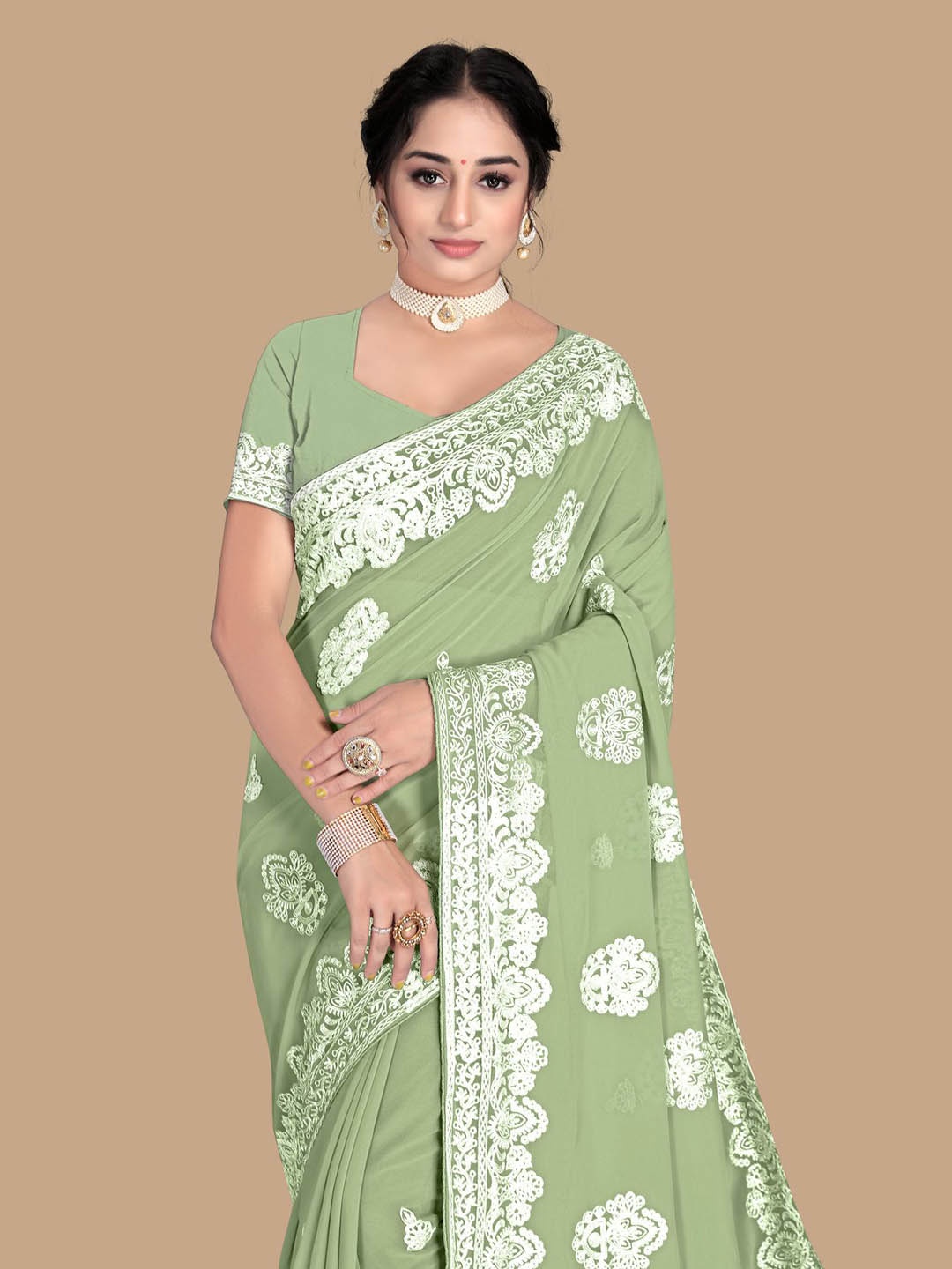 

HERE&NOW Sea Green & White Ethnic Motifs Chikankari Saree