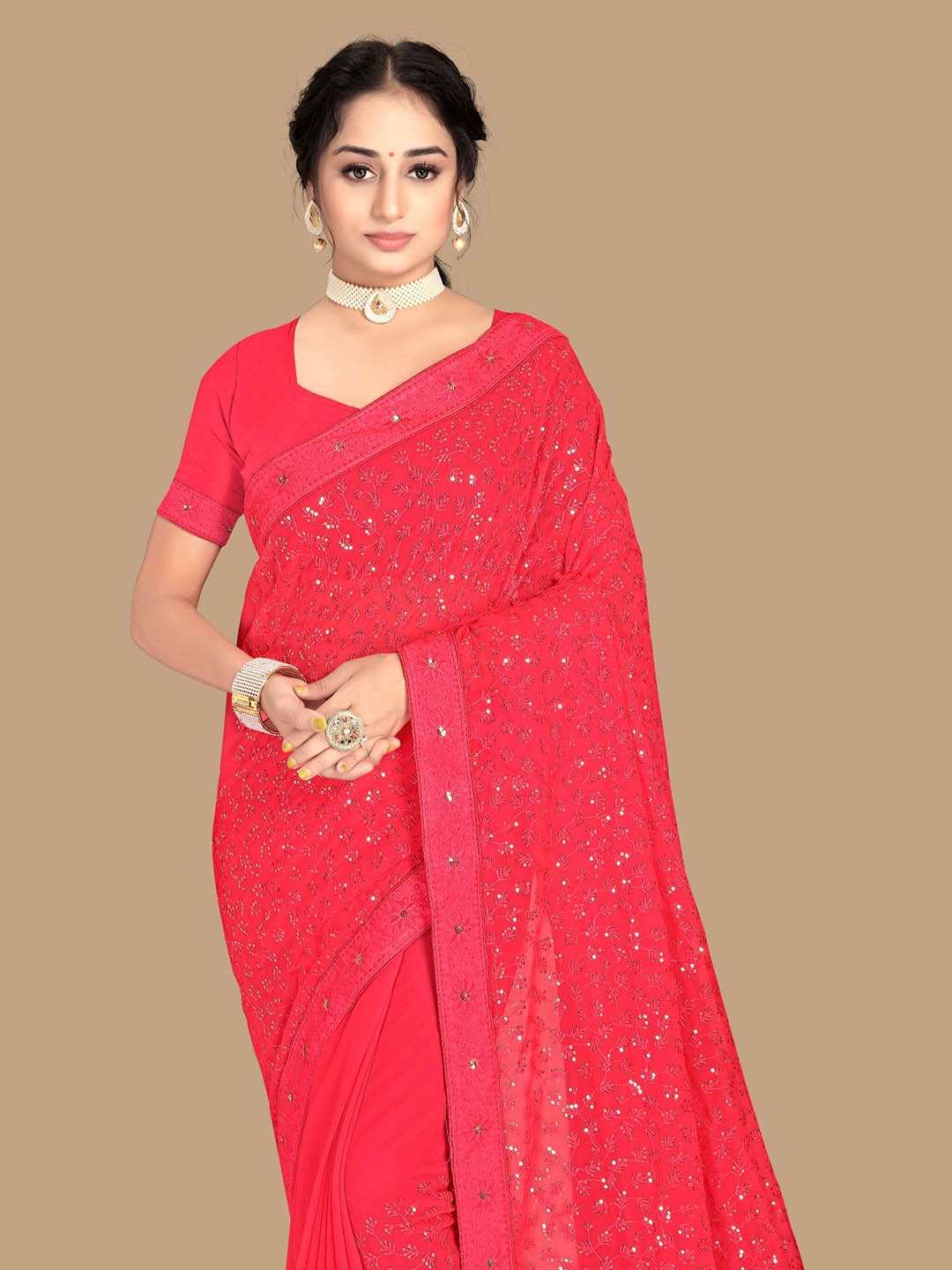 

HERE&NOW Pink Floral Embroidered Saree